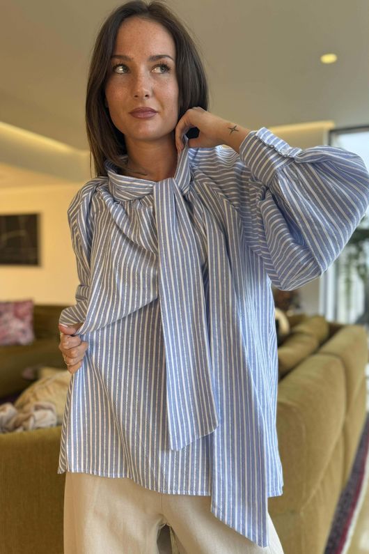 Nantucket Stripe Tie Neck Blouse Light Denim